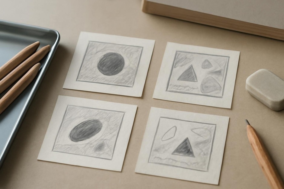 Thumbnail studies showing focal anchors and peripheral shapes