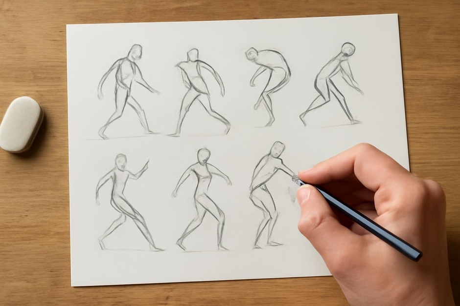 Small thumbnail sketches exploring gesture and rhythm