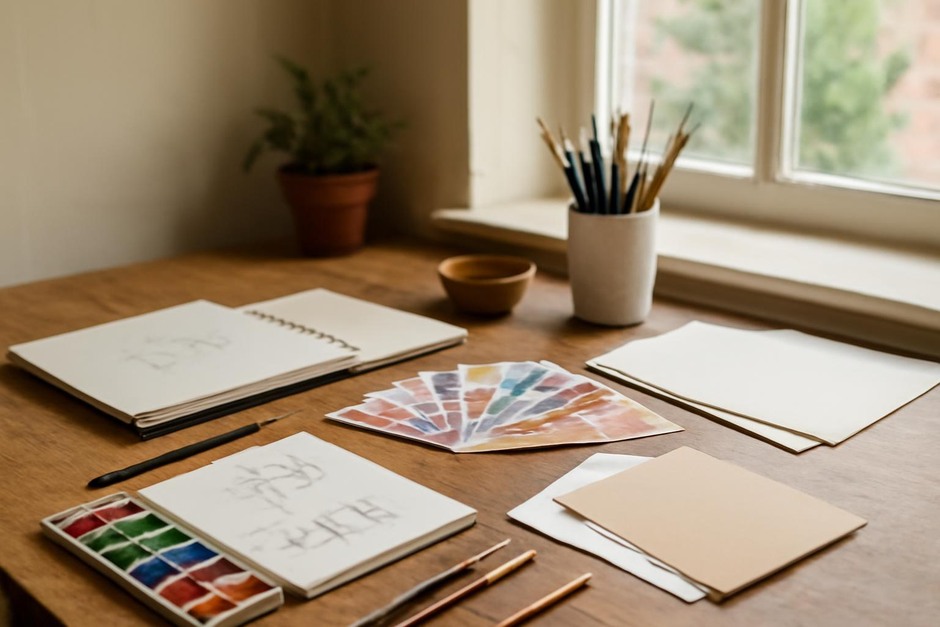 Abstract art desk with color swatches, brush marks, and sketchbook studies.