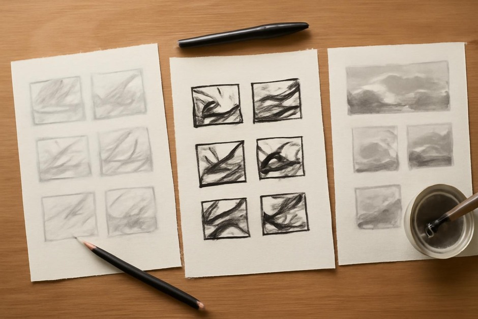 Thumbnail sketches in pencil, ink, and wash demonstrating material effects