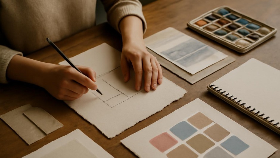 Bright studio image with paint textures, paper layers, and geometric color blocks.